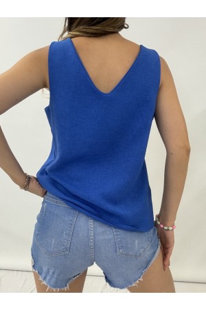 V Yaka Sıfır Kol  Keten Bluz  -Saks