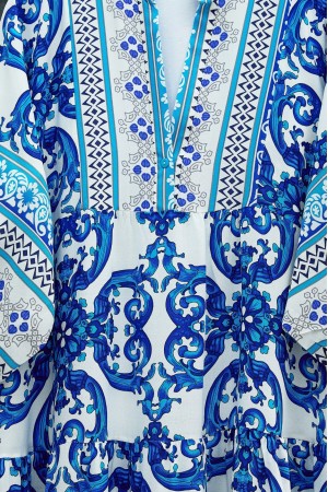 V Yaka Yarasa Kol Parçalı Viskon Elbise -Koyu Mavi