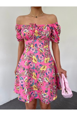 Yakası Lastikli Bağcık Detaylı Mini Elbise -Pembe