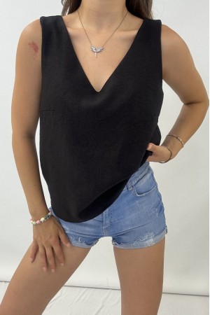 V Yaka Sıfır Kol  Keten Bluz   -Siyah