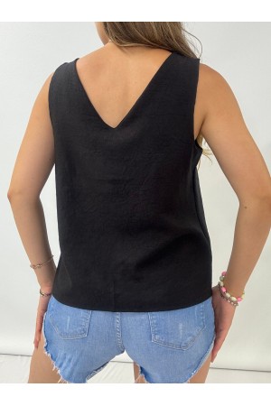 V Yaka Sıfır Kol  Keten Bluz   -Siyah