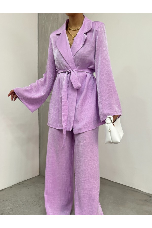 Top Buttoned Trouser Jacket Jersey Set -Lilac
