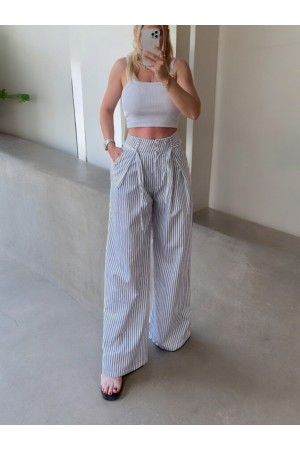 Beli Bağlamalı Bol Paça Çizgili Cepli Pantolon  -Beyaz