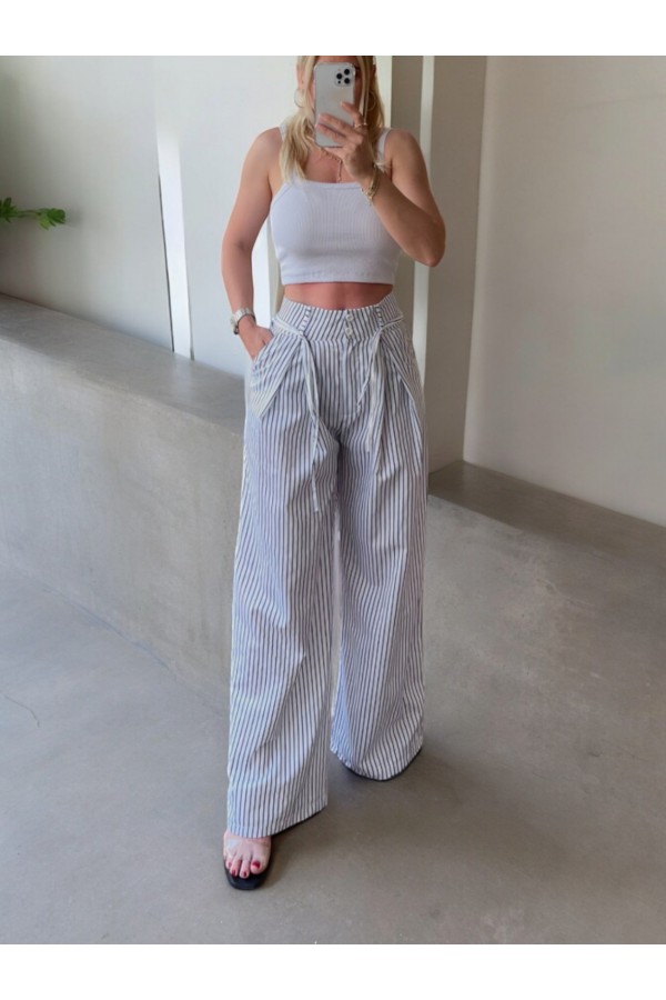 Tie Waist Wide Leg Striped Pocket Trousers -White