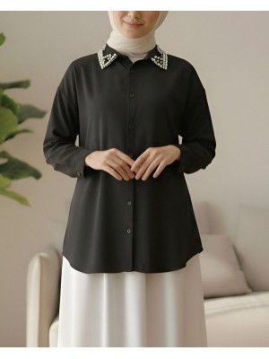 Yakası Taş Detaylı Düğmeli Salaş Gömlek -Siyah