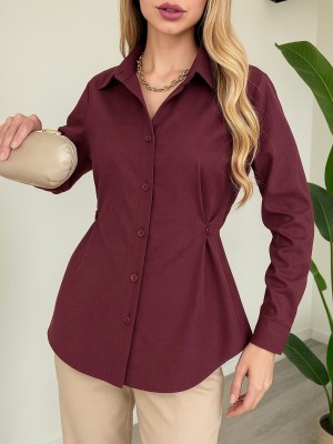 Yanları Düğme Detaylı Poplin Gömlek -Bordo
