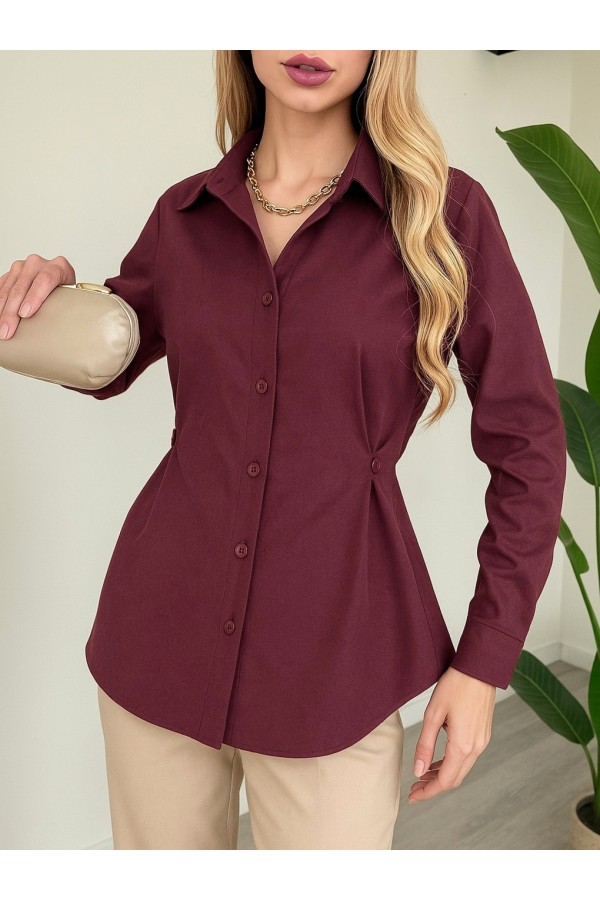 Yanları Düğme Detaylı Poplin Gömlek -Bordo