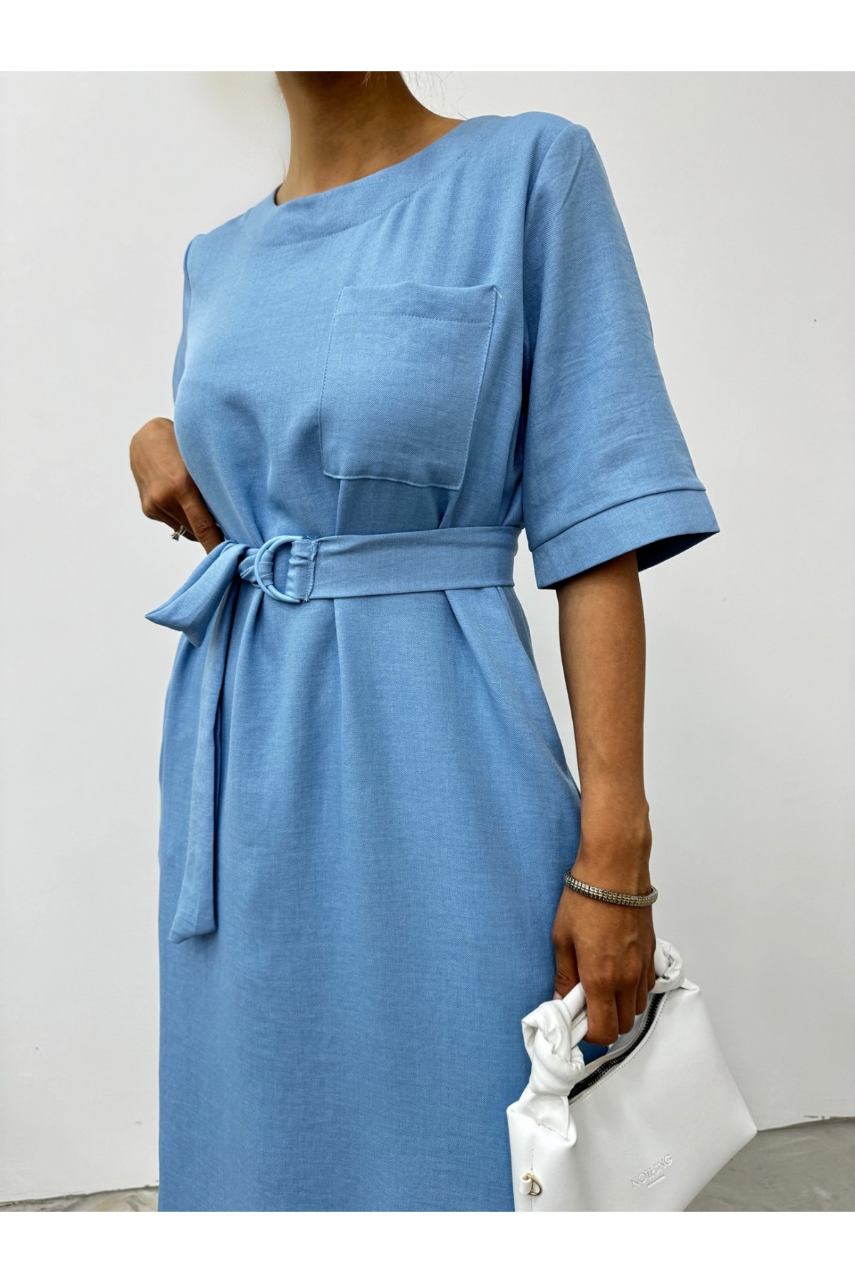 Midi Length Short Sleeve Dress with Side Pockets and Slits -Blue