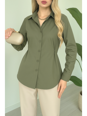 Yanları Düğme Detaylı Poplin Gömlek -Haki