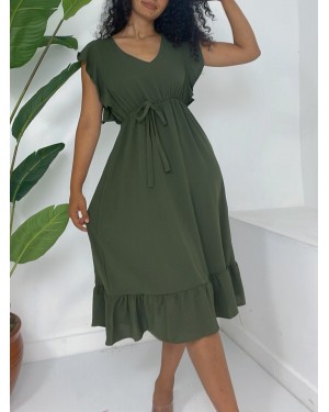 فستان أيروبين متوسط ​​الطول بأكتاف مكشكشة وخصر مطاطي وأكمام صفرية  -خاكي