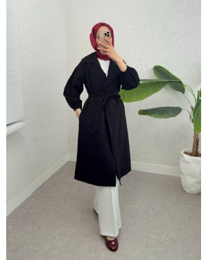 Belted Lined Trench Coat with Elastic Sleeves -Black