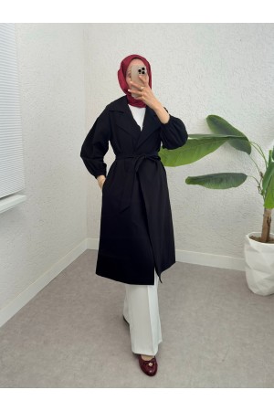 Kolu Lastikli Kemerli Astarlı Trençkot -Siyah