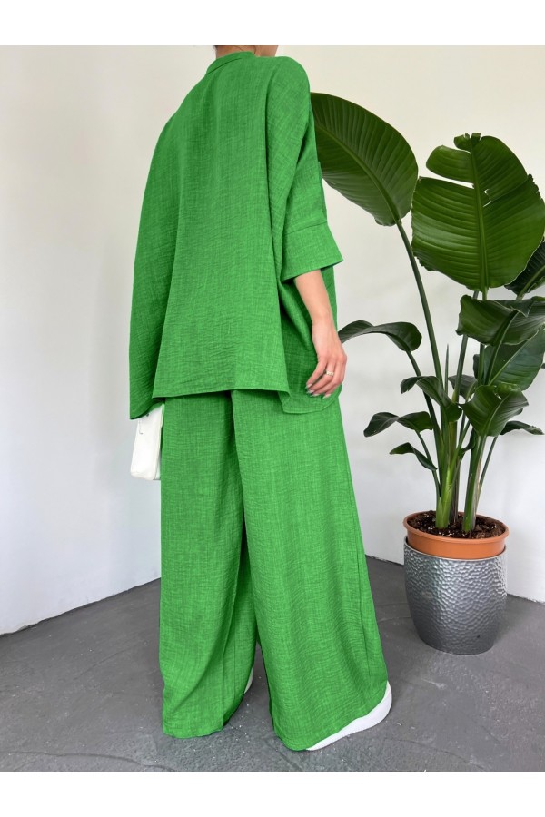 Double Pocket Batwing Sleeve Loose-Fitting Shirt Set -Green