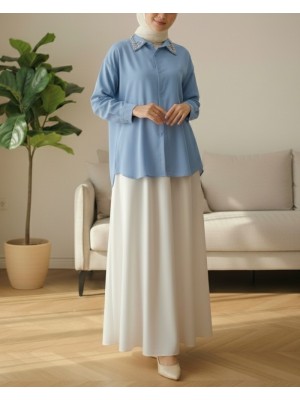 Yakası Taş Detaylı Düğmeli Salaş Gömlek -Bebe Mavi