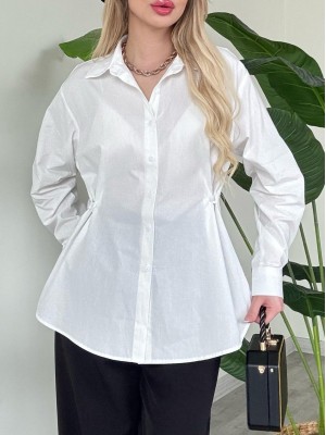 Yanları Düğme Detaylı Poplin Gömlek -Beyaz