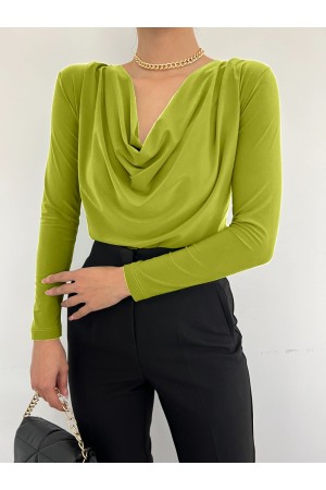 Yakası Drapeli Sendy Bluz   -Yağ Yeşili