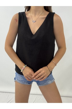 V Yaka Sıfır Kol  Keten Bluz   -Siyah