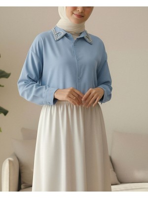 Yakası Taş Detaylı Düğmeli Salaş Gömlek -Bebe Mavi