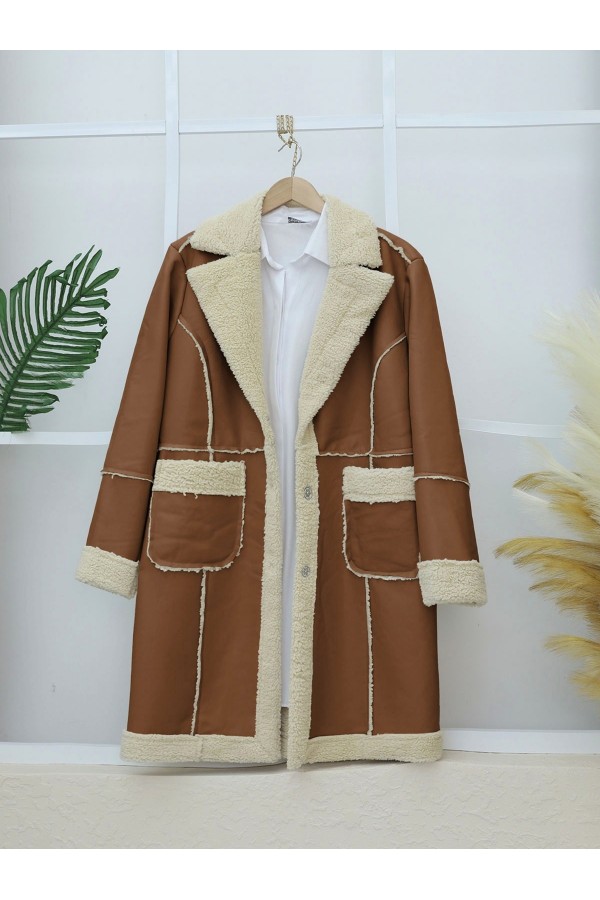 Leather Jacket with Plush Inside and Snap Pockets -Snuff
