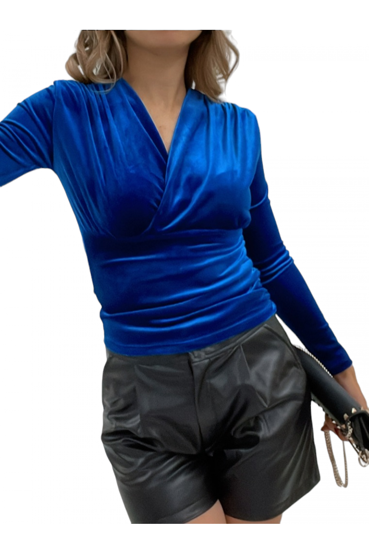 Kruvaze Model Kadife Bluz -Saks