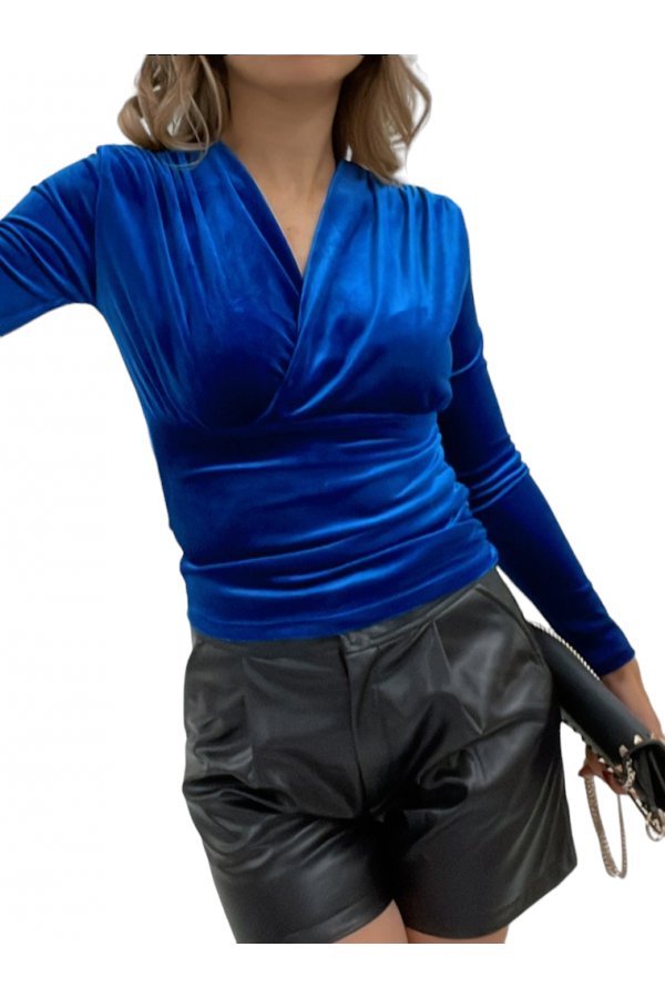 Kruvaze Model Kadife Bluz -Saks