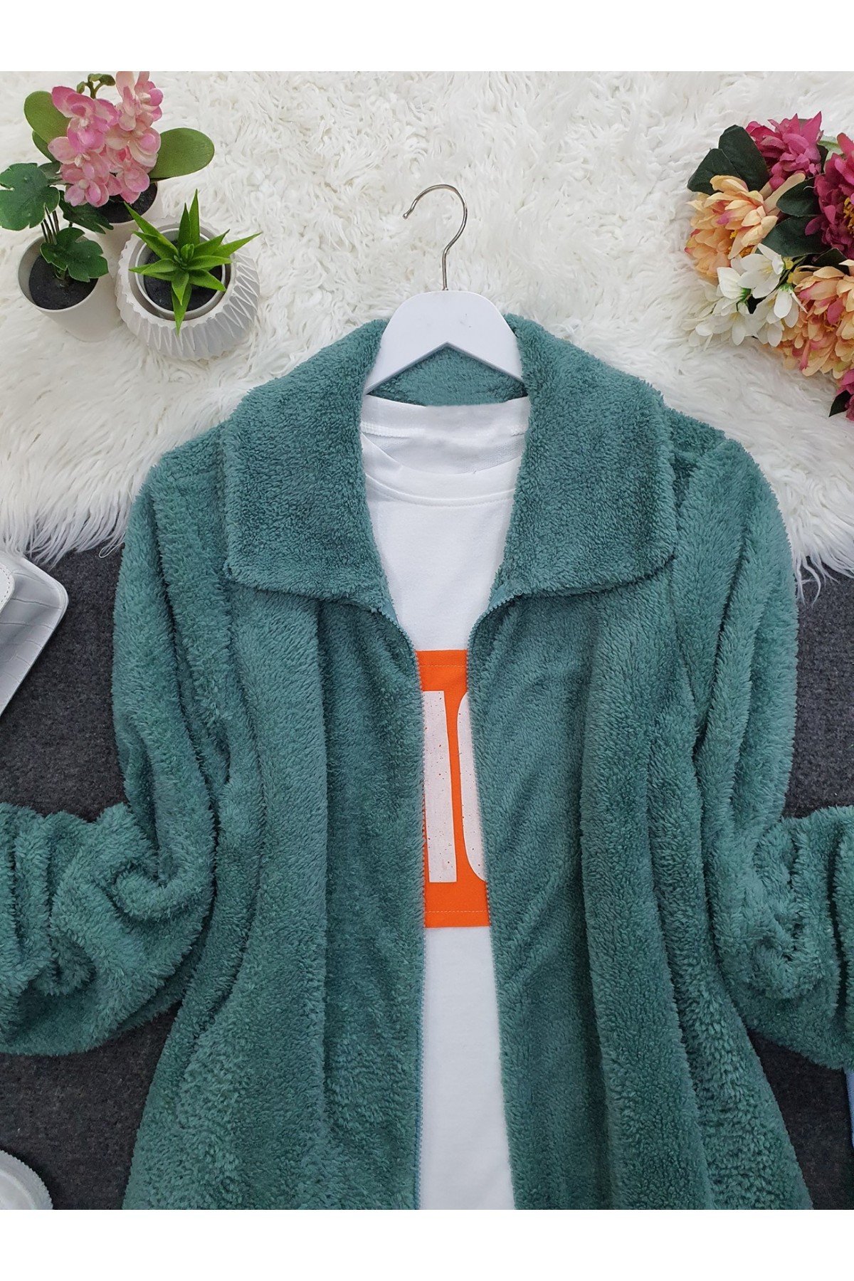 Fermuarlı Peluş Kışlık Mont -Mint