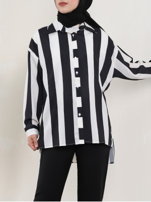 Kalın Çizgili Düğmeli Gömlek -Siyah