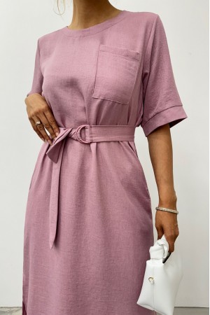 Yan Cepli Yırtmaçlı Midi Boy Kısa Kol Elbise -Pudra