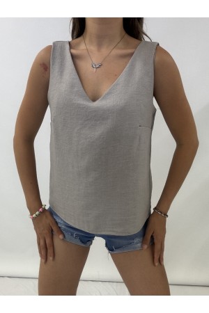 V Yaka Sıfır Kol  Keten Bluz    -Gri