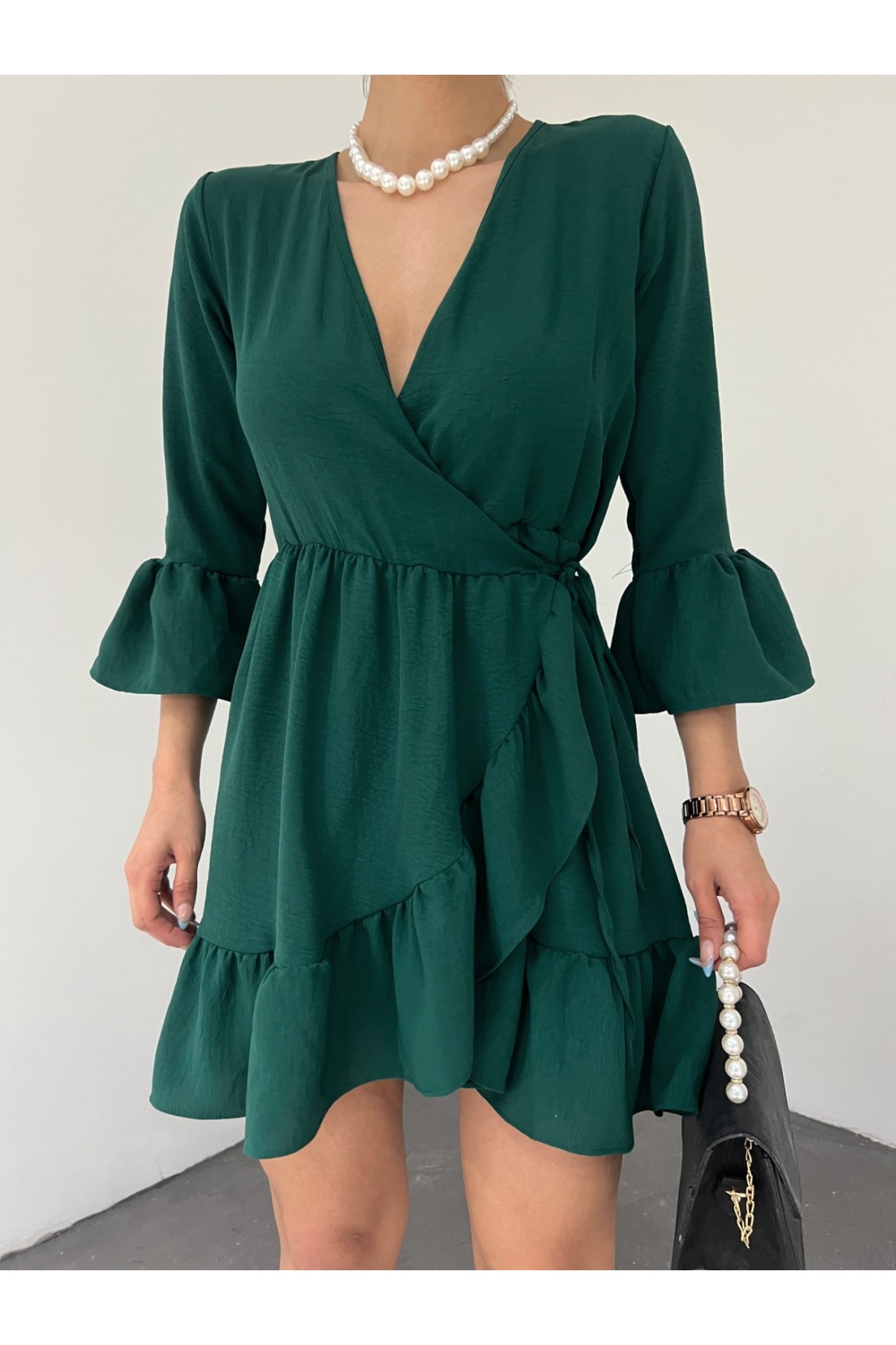 Frilly Skirt And Sleeves Elastic Waist Ayrobin Dress  -Emerald
