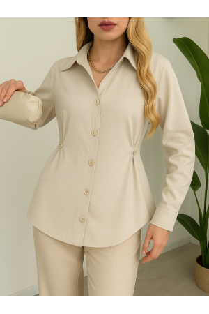 Poplin Shirt with Side Button Detail -Stone