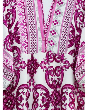 V-Neck Bat Sleeve Piece Viscose Dress -Fuchsia