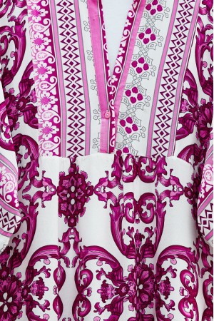 V Yaka Yarasa Kol Parçalı Viskon Elbise -Fuşya