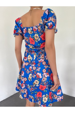 Yakası Lastikli Bağcık Detaylı Mini Elbise -Saks