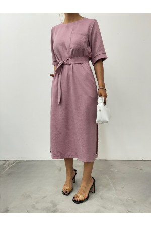 Yan Cepli Yırtmaçlı Midi Boy Kısa Kol Elbise -Pudra