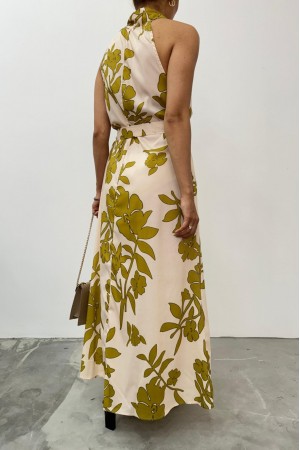 فستان طويل بياقة مربوطة وحزام مع جيوب -اللون البيج