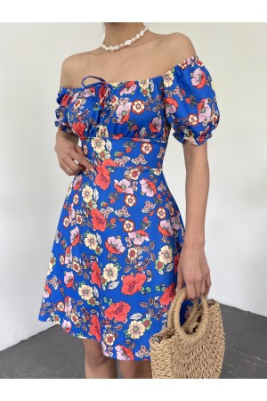 Yakası Lastikli Bağcık Detaylı Mini Elbise -Saks