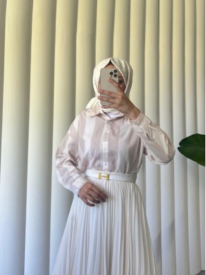 Kalın Çizgili Düğmeli Gömlek -Bej