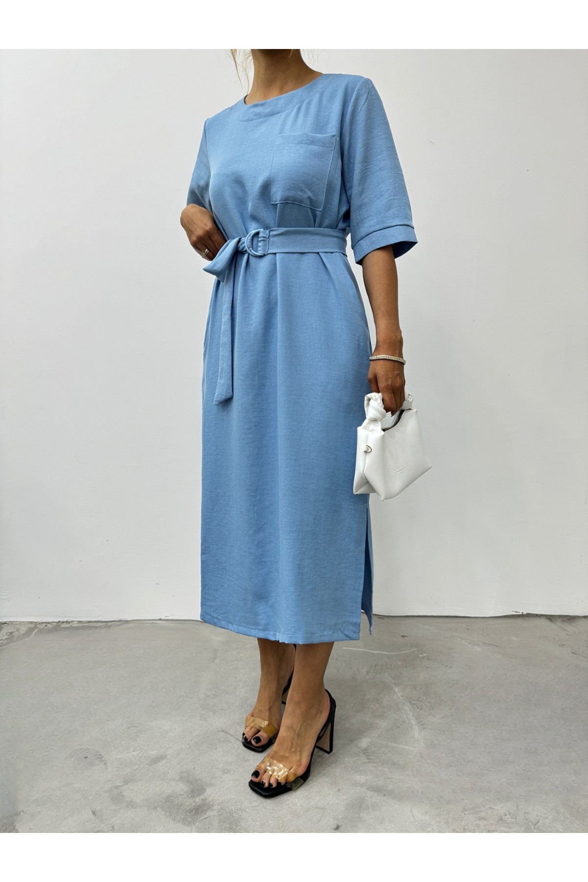 Midi Length Short Sleeve Dress with Side Pockets and Slits -Blue
