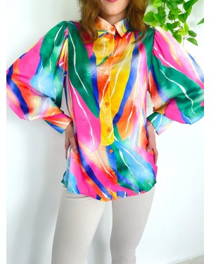 Colorful Juicy Pattern Satin Shirt -Orange