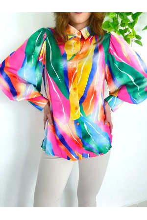 Renkli Sulu Desen Saten Gömlek -Turuncu