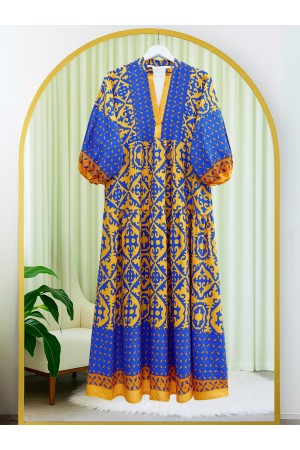 V Yaka Yarasa Kol Parçalı Viskon Elbise -Turuncu