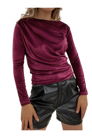 Yanı Büzgülü Omuzu Pileli Kadife Bluz -Bordo