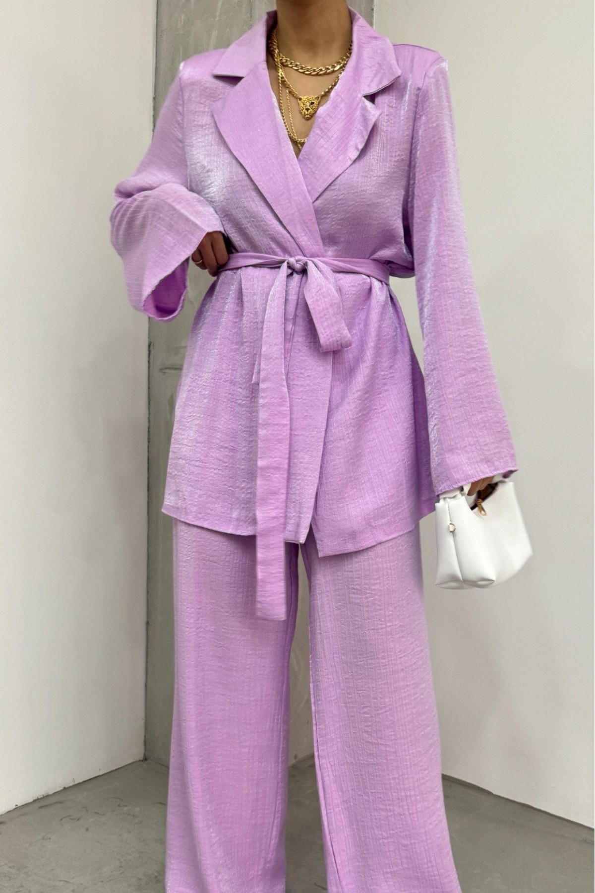Top Buttoned Trouser Jacket Jersey Set -Lilac