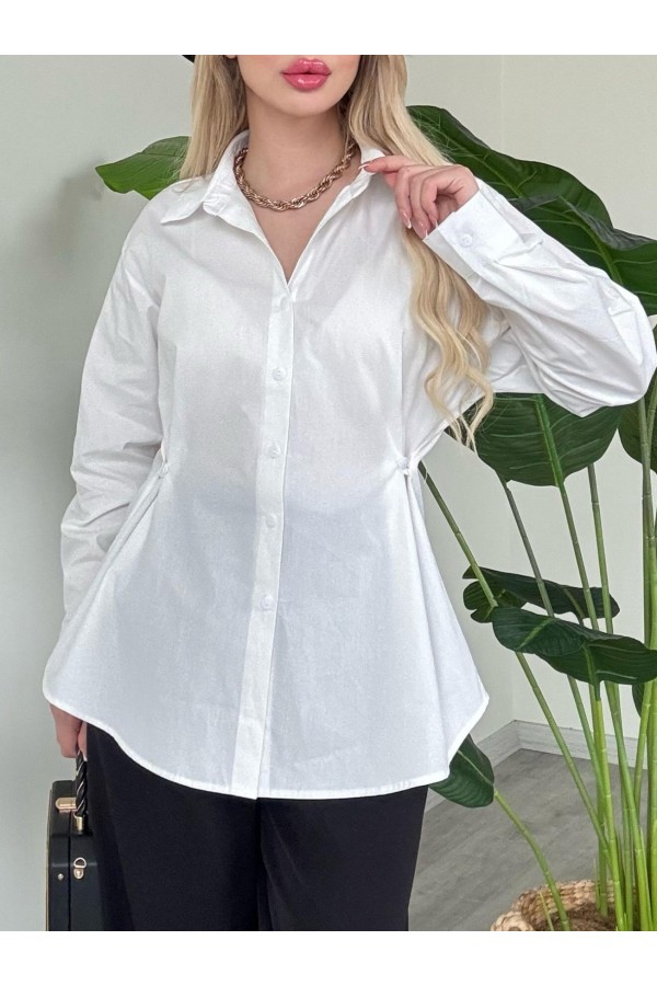 Yanları Düğme Detaylı Poplin Gömlek -Beyaz