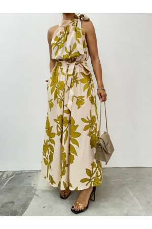 فستان طويل بياقة مربوطة وحزام مع جيوب -اللون البيج