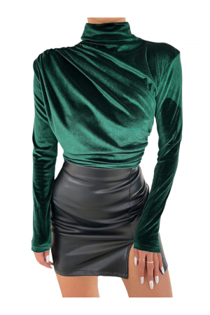 Yarım Boğazlı Önü Pileli Kadife Bluz -Zümrüt