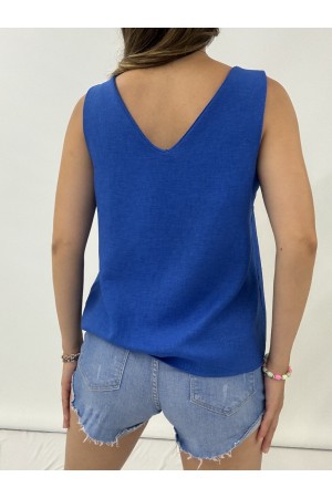 V Yaka Sıfır Kol  Keten Bluz  -Saks