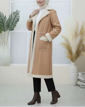 Leather Jacket with Plush Inside and Snap Pockets -Mink color