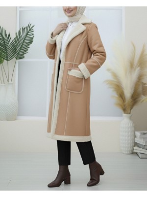 İçi Peluşlu Çıtçıtlı Cepli Deri Mont -Vizon